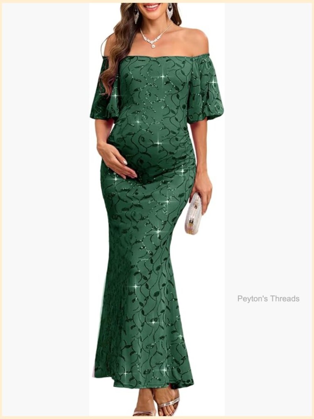 Off-Shoulder Sequin Maternity Evening Gown Puff Sleeves Mermaid Maxi Dress
